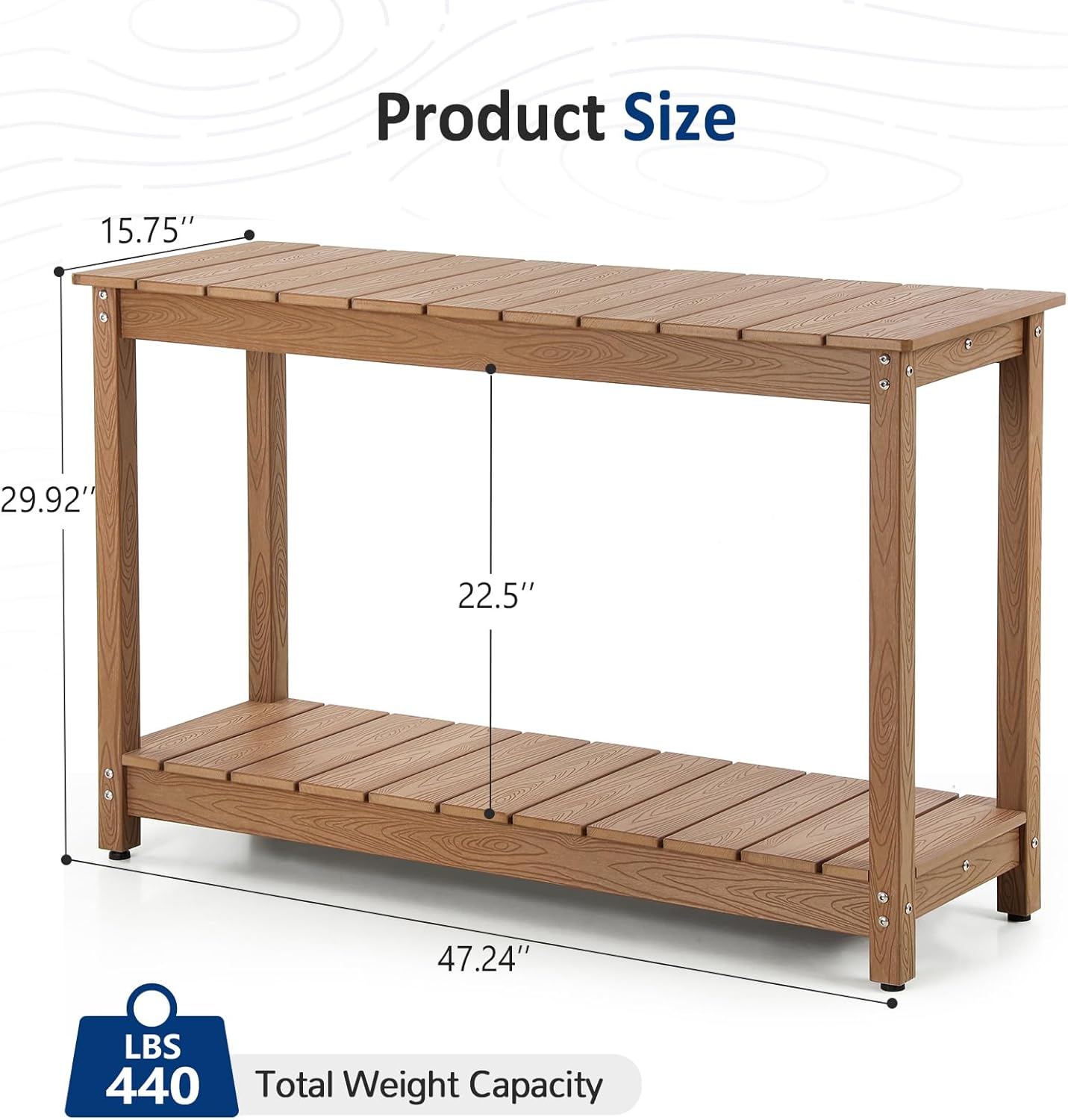 Outdoor Console Table, 48" Weather Resistant HIPS Patio Side Table, 440LBS Weight Capacity, 2-Tier Multifunctional Buffet Bar Storage Organizer for Garden Deck, Teak