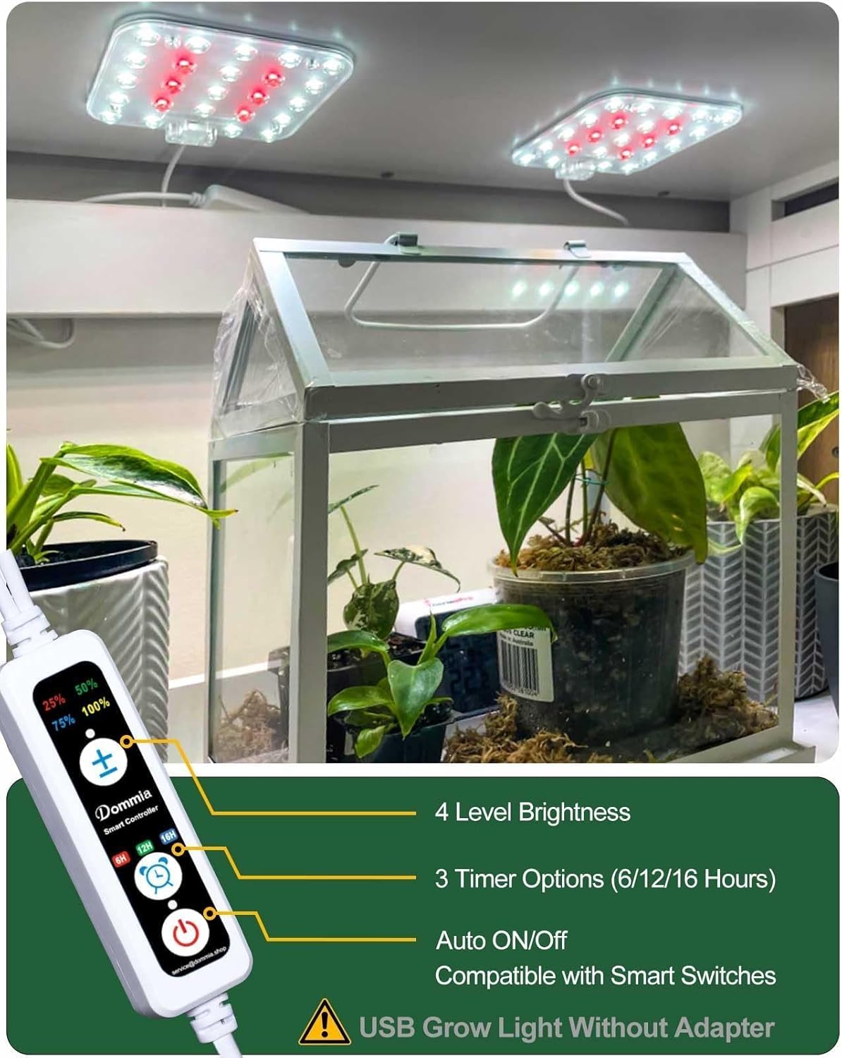 DOMMIA Grow Light,Full Spectrum Plant Light Panel with 6/12/16H Auto On/Off Timer, 4 Dimmable Levels, Suitable for Hydroponics, Seedlings, Succulents, Veg, Flowers & More(No Adapters)