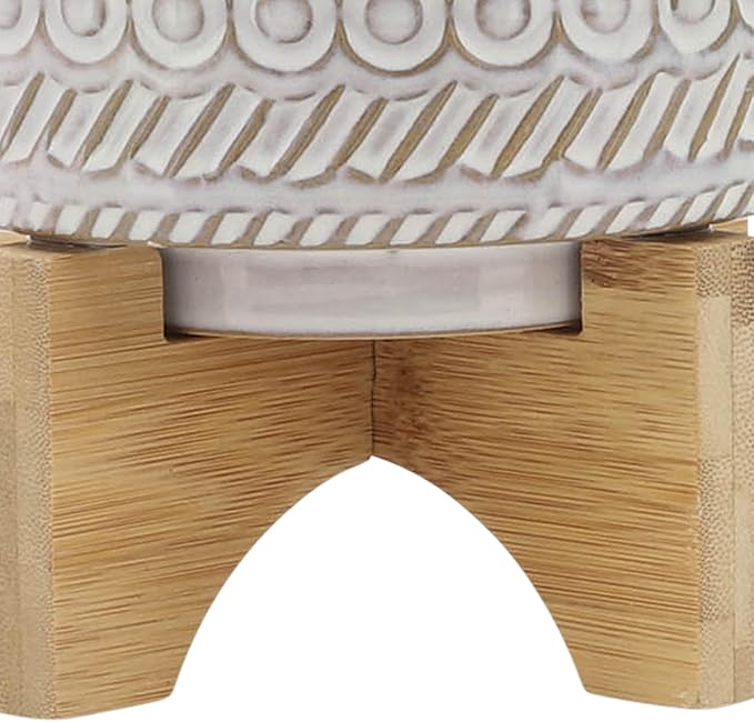 Sagebrook Home Ceramic Planter with Stand - Decorative Stoneware Plant Pot with Bamboo Wood Base - Boho Style Indoor & Outdoor Garden Decor for Home & Office - 8" Ivory & Tan