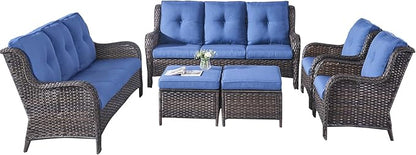 Rilyson Wicker Patio Furniture Set - 6 Piece Rattan Outdoor Sectional Conversation Sets with 2 Sofa,2 Armrest Chairs and 2 Ottomans for Porch Deck Garden(Brown/Blue)