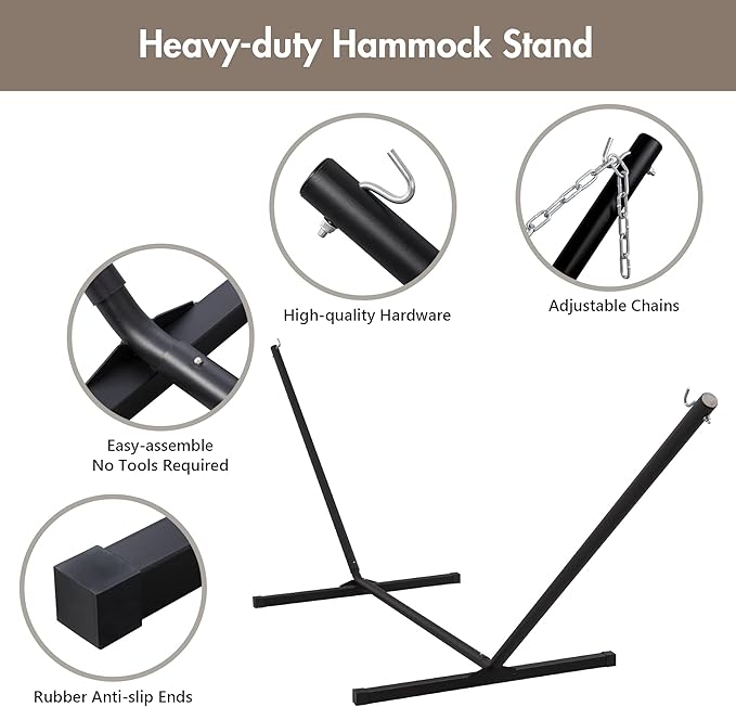 ANOW 2 Person Hammock with 12FT Stand, Heavy Duty Hammock with Stand for Outdoors, 450 LBS Weight Capacity, Light Brown