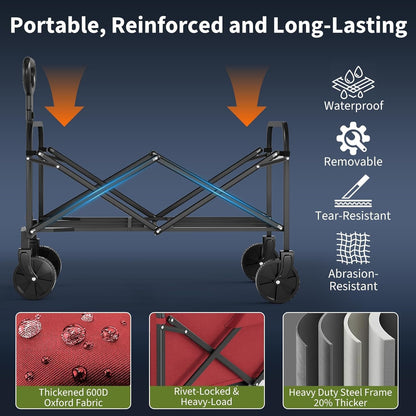 Foldable Wagon Cart, 380LBS Capacity Collapsible Wagon with All-Terrain Wheels, 220L Foldable Utility Cart & Grocery Cart on Wheels, Portable Lightweight 12LBS for Outdoor, Beach, Garden (Red)