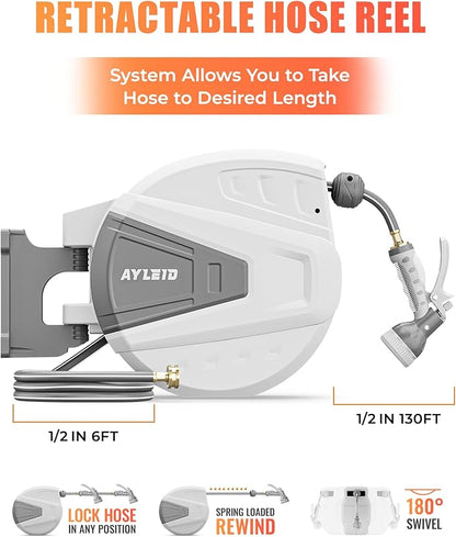 Ayleid Retractable Garden Hose Reel,1/2 in x 130 ft Wall Mounted Hose Reel, with 9- Function Sprayer Nozzle, Any Length Lock/Slow Return System/Wall Mounted/180°Swivel Bracket (Grey)