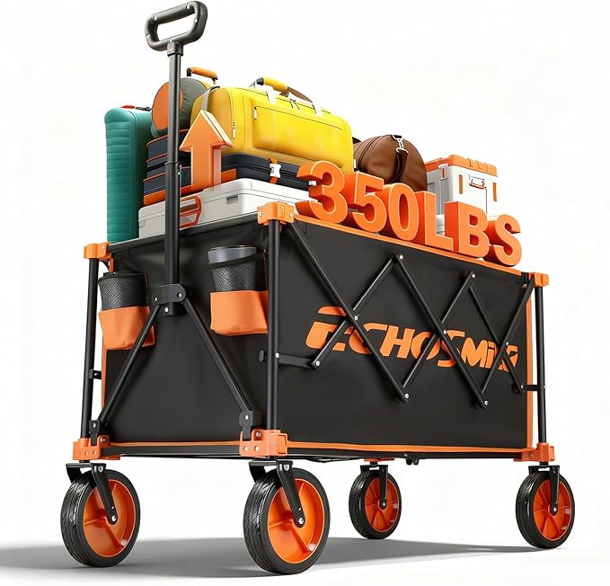 EchoSmile Collapsible Foldable Wagon Cart with 350lbs Weight Capacity, Heavy Duty Folding Utility Sport Wagon with Removeble Wheels for Camping,Grocery,Garden,Beach,Orange&Black