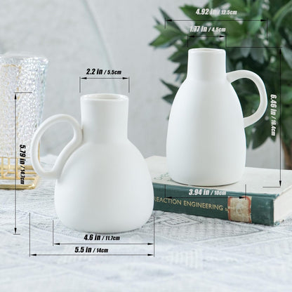 White Ceramic Vase Set - 2 Small Vases with Handle, Pottery Vases for Modern Home Decor, Minimalist Matte Pitcher for Fowers, Decorative Clay Vase Centerpiece Dining Table Decorations