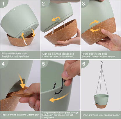 Hanging Planters for Indoor Outdoor Plants, 1 Set Self Watering Hanging Pot with Drainage Holes & Removable Tray (Green-12inch, 12'')