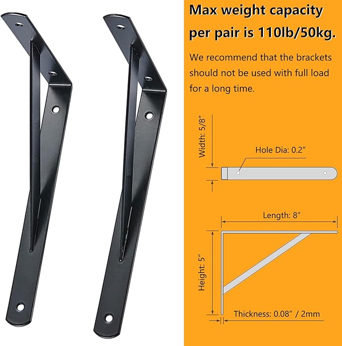 Heavy Duty Shelf Brackets, 8 in X 5 in Wall Mount L Steel Bracket for Floating Shelf, Black, 4 Pack
