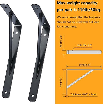 Heavy Duty Shelf Brackets, 8 in X 5 in Wall Mount L Steel Bracket for Floating Shelf, Black, 4 Pack