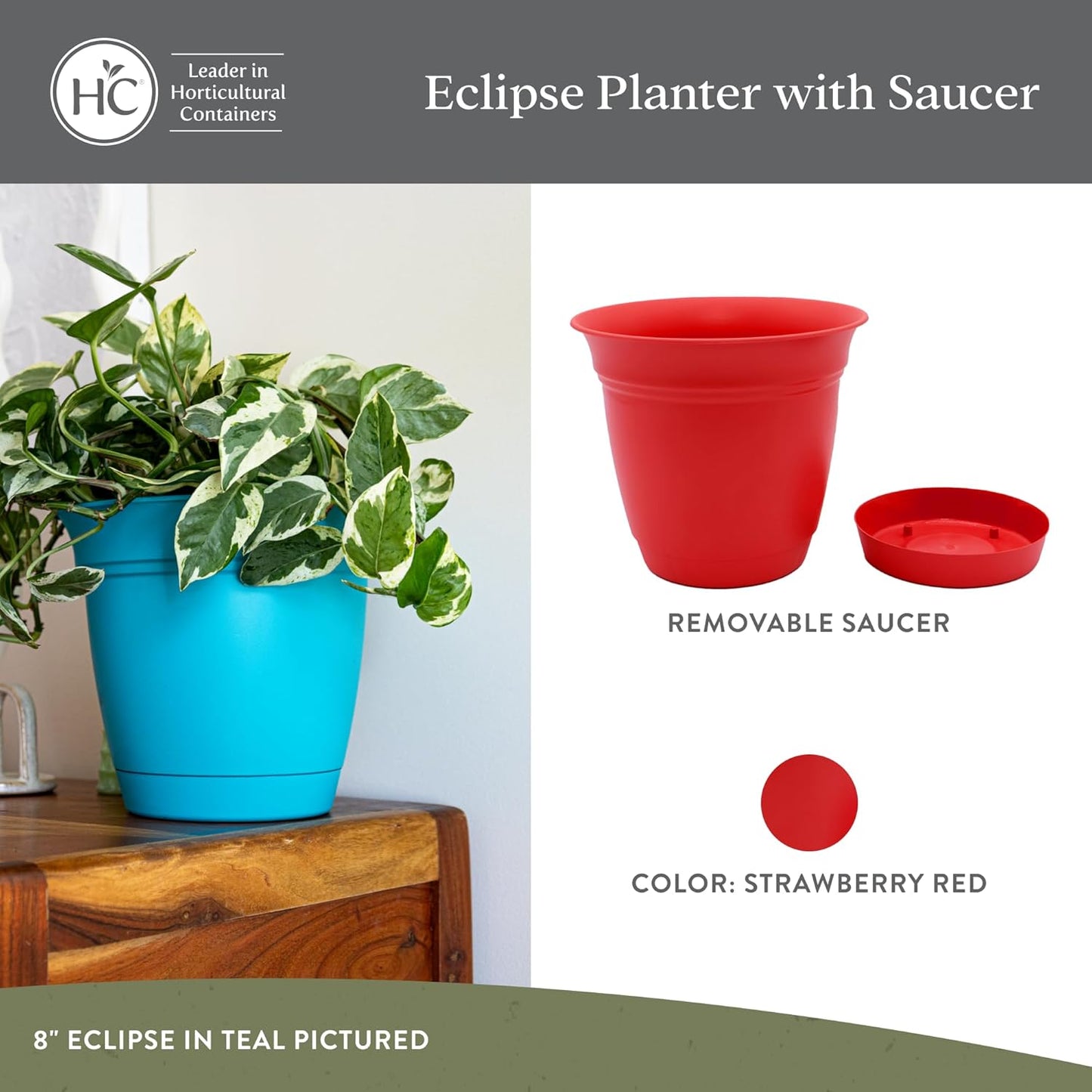 The HC Companies Eclipse Round Planter with Saucer - Outdoor & Indoor Plant Pot with Drainage Holes - Lightweight, UV-Resistant Plastic Pots for Plants, Flowers & Herbs (10" Red, Pack of 1)