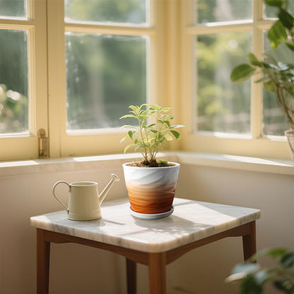 6.7 + 5.5 Inch Plant Pot, Ceramic Planter with Drainage and Saucer，Ceramic Pots for Plants, Indoor Plant pots，planters for Indoor Plants(Khaki + White)