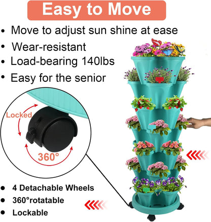 DUNCHATY Stackable Vertical Garden Planter with Tool Set, Self Watering 7 Tier Herb Planter for Indoor/Outdoor Growing, Teal