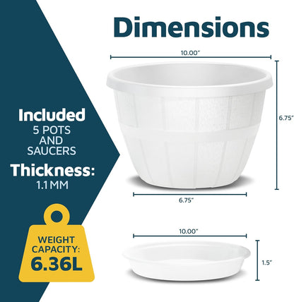 10-Inch Whiskey Barrel Planters Outdoor Pack of 5 - Durable Plastic Plant Pots for Indoor & Outdoor Use with Drainage & Saucer, Lightweight Rustic Barrel Planters for Flowers, Herbs & Small Plants