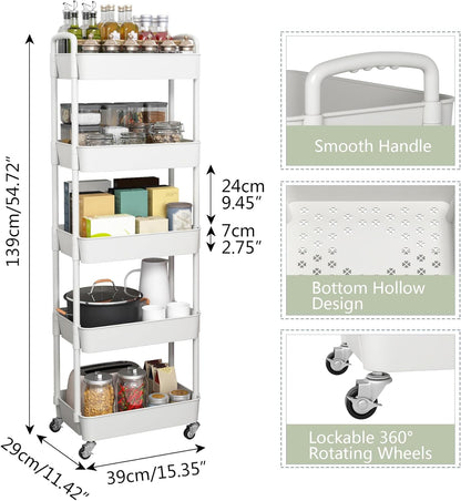 Sywhitta 5-Tier Plastic Rolling Utility Cart with Handle, Multi-Functional Storage Trolley for Office, Living Room, Kitchen, Movable Storage Organizer with Wheels, White