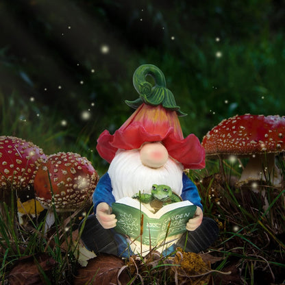 Garden Gnome Statue-Resin Gnome Figurine Hugging Turtle Reading Book with Solar LED Lights，Outdoor Summer Decorations for Patio Yard Lawn Porch,Garden Ornament Gift