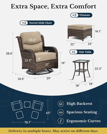 HILLGA Luxury Outdoor Swivel Rocker Patio Chairs of 2 with 6 Inch Thick Cushions and Side Table, Swivel Outdoor Chairs 5PCS High Back Wicker Patio Furniture Set for Porch, Balcony, Deck in Beige