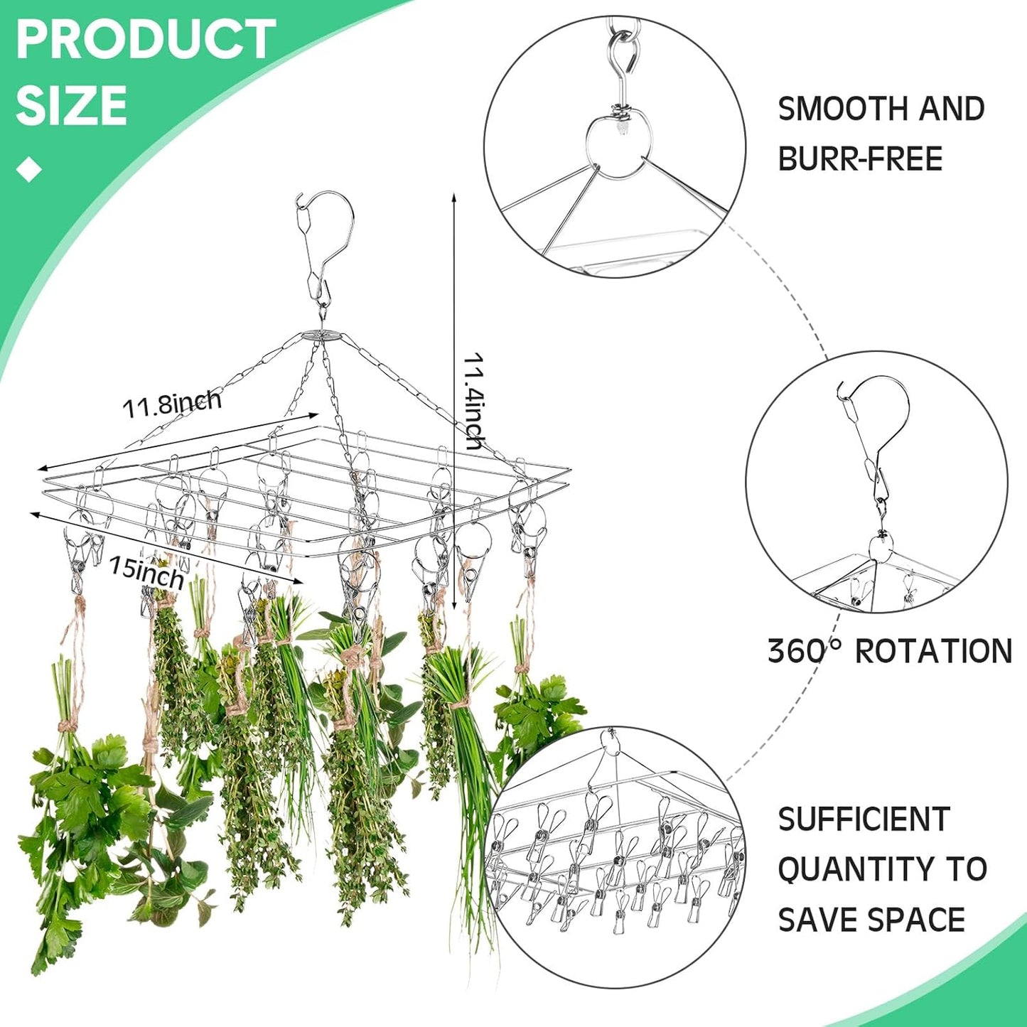 Bokon 4 Pcs Hanging Drying Rack for Herb Macrame Flower with Stainless Clip Dryer Hook for Drying Herb Air Plants Spices Flower Hydroponic Plant Ready to Use with Ceiling Hook(Rectangle)