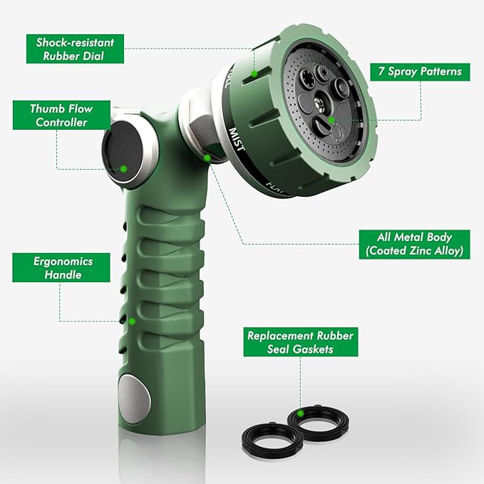 RESTMO Heavy Duty Hose Nozzle, Metal Garden Water Hose Sprayer with 7 Watering Patterns, Thumb Control, On Off Valve, High Pressure Nozzle Sprayer for Watering Plants, Car and Pet Washing, Green