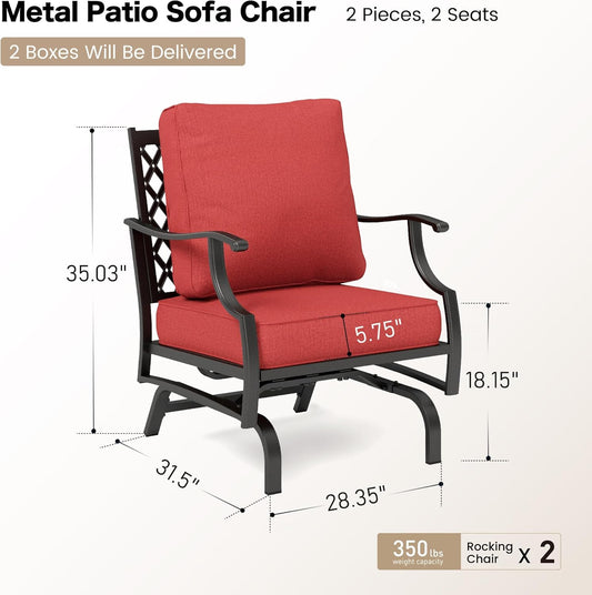 Metal Outdoor Rocker Patio Chairs Set of 2 with 5.75" Extra Thick Cushion, 2 Piece High Back Rocker Patio Chairs All Weather Outdoor Furniture Seating for Deck Balcony Porch, Red