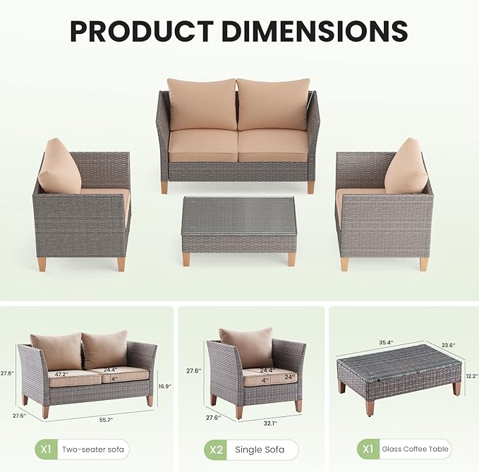 Soohow 5-Piece Patio Furniture Set, Outdoor Furniture with Coffee Table, Loveseat & 2 Single Chairs, 4-Inch Thickened Cushions with Water/Oil/Stain-Resistant Fabric (Beige Cushion + Gray Wicker)