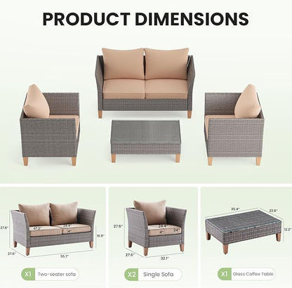Soohow 5-Piece Patio Furniture Set, Outdoor Furniture with Coffee Table, Loveseat & 2 Single Chairs, 4-Inch Thickened Cushions with Water/Oil/Stain-Resistant Fabric (Beige Cushion + Gray Wicker)