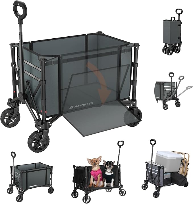 Collapsible Wagon Cart with Wheels 220lbs Foldable Wagon 120L Shopping Cart for Groceries Folding Utility Wagon for Beach, Garden, Camping, Sport, Apartment, Wheelbarrows, Gray