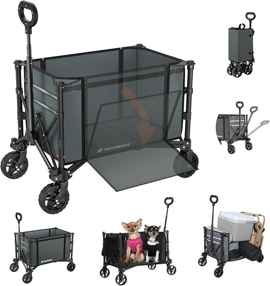 Collapsible Wagon Cart with Wheels 220lbs Foldable Wagon 120L Shopping Cart for Groceries Folding Utility Wagon for Beach, Garden, Camping, Sport, Apartment, Wheelbarrows, Gray