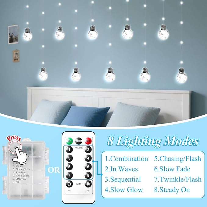 LitHome Christmas Wishing Ball Curtain Lights, 240 LED Fairy Lights Curtain with Remote, Battery Powered USB Globe Hanging String Light Silver Wire for Bedroom Windows Indoor Diwali Decoration (White)