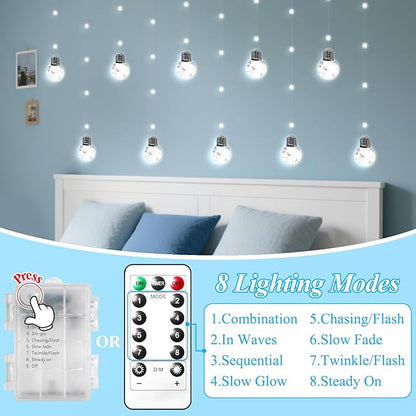 LitHome Christmas Wishing Ball Curtain Lights, 240 LED Fairy Lights Curtain with Remote, Battery Powered USB Globe Hanging String Light Silver Wire for Bedroom Windows Indoor Diwali Decoration (White)