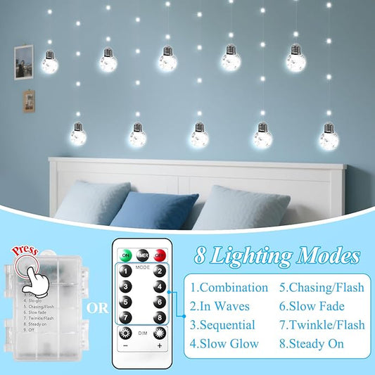LitHome Christmas Wishing Ball Curtain Lights, 240 LED Fairy Lights Curtain with Remote, Battery Powered USB Globe Hanging String Light Silver Wire for Bedroom Windows Indoor Diwali Decoration (White)