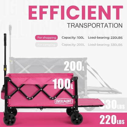 OVERMONT Collapsible Wagon with Tailgate - 220lbs Extended Lightweight Foldable Utility Wagons Folding Cart with Wheels - Small Garden Grocery Cart for Shopping,Grocery,Sports,Garden