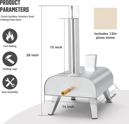 BIG HORN OUTDOORS Pizza Ovens Wood Pellet 12” Pizza Oven Cooking Pizza Maker Portable Stainless Steel Pizza Grill, Silver Portable Party use
