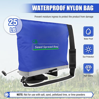Zipcase 25lb Bag Seed Spreader with Waterproof Bag, Rare Baffle and Accurate Gears, Handheld Grass Seed Spreaders for Lawns, Blue