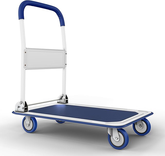 Heavy Duty Foldable Push Cart Dolly | 330 lbs. Capacity | Upgraded Collapsible Hand Truck Folding Platform with Swivel Wheels | Flat Bed Moving Wagon | Space Saving Push Handle (Blue)