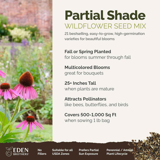 Eden Brothers Partial Shade Wildflower Mixed Seeds for Planting, 1 lb, 480,000+ Seeds with Sweet William, Foxglove | Attracts Pollinators, Plant in Spring or Fall, Zones 3, 4, 5, 6, 7, 8, 9, 10