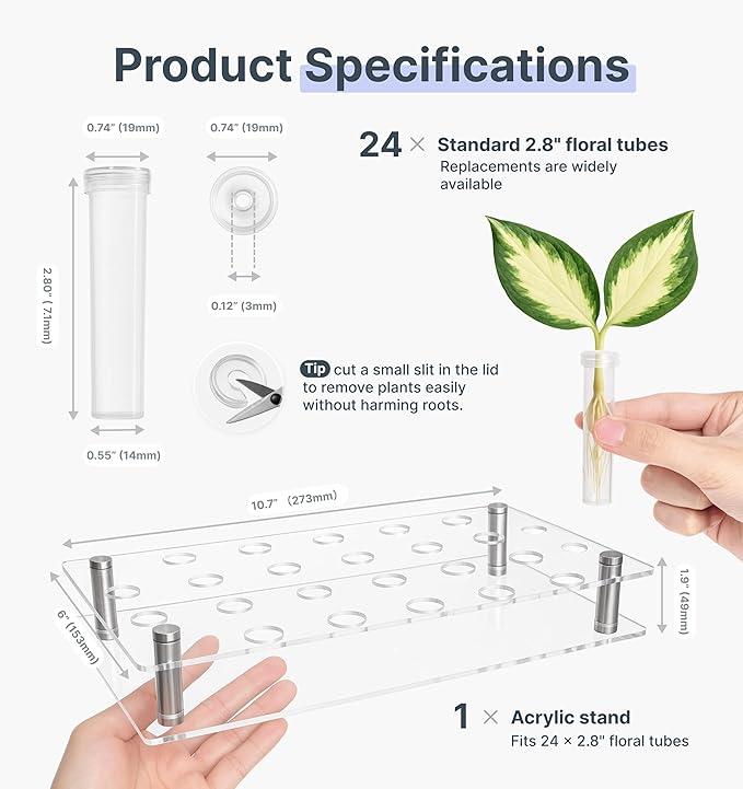 Plant Propagation Station, 24 Floral Tubes, Floral Arrangement Kit, Modern Acrylic Desktop Rack with Propagation Tubes for Hydroponics Rooting Cuttings, Bud Vase Holder, Plant Lover Gift