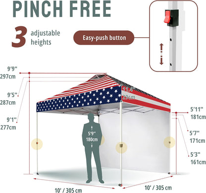 CROWN SHADES 10x10 Pop Up Canopy with 1 Side Wall - Beach Tent with One Push Setup - Outdoor Sun Shade for Events, Parties, Camping - Gazebo with STO-N-Go Cover Bag (American Flag)