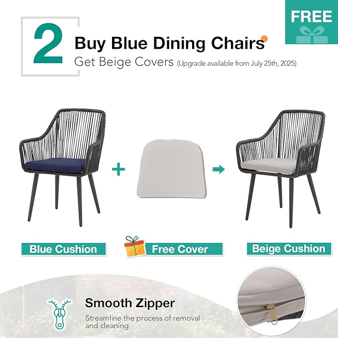 Patiorama 5-Piece Patio Dining Set, Outdoor Dining Table Chair Set, All-Weather Twisted Rattan Wicker Rope Conversation Set, Patio Furniture Set w/Umbrella Hole, 4 Cushioned Chairs&Glass Table(Blue)