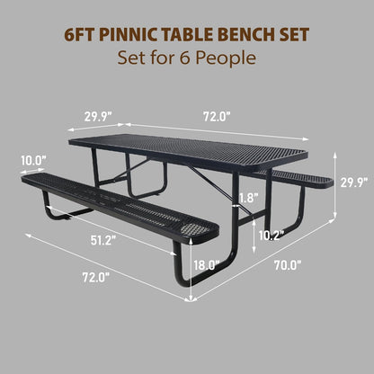 6FT Metal Picnic Tables for Outdoors, Commercial Rectangular Picnic Table and Bench Set for Outside, Patio, Garden, Backyard, Porch, Surface Mount, Black