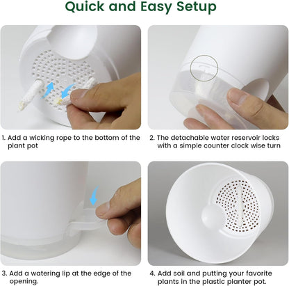 6 inch Self Watering Pots for Indoor Outdoor Plants, 3 Pack Flower Plant Pots with Drainage Holes and Clear Reservoirs, Visible Water Level, Plastic Planters with Wicking Rope, White