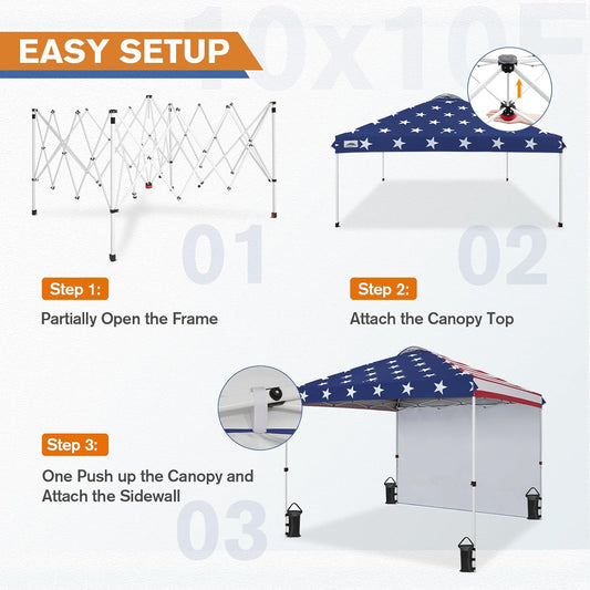 EAGLE PEAK Pop Up Canopy Tent with 1 Sidewall, Easy Setup Event Tent, Outdoor Sun Shade, Wheeled Carry Bag, Stakes and Guy Ropes, Instant Canopy 10x10, American Flag
