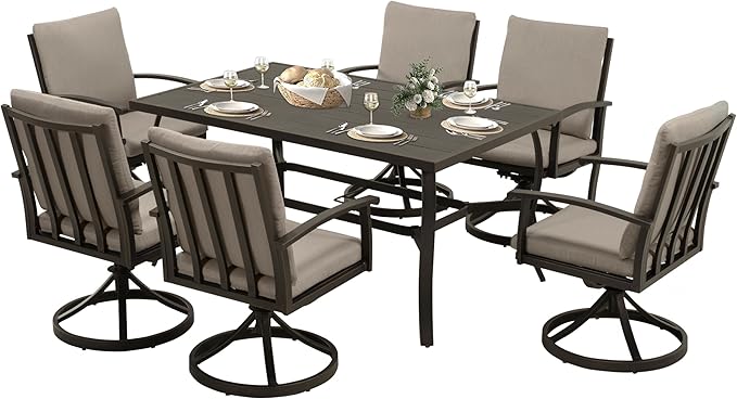 HAPPATIO 7 Piece Patio Swivel Dining Set, Aluminum Outdoor Dining Set for 6,Dining Table and Chairs Set, Patio Dining Furniture with Aluminum Table, Swivel Chairs and Washable Cushions (Black)