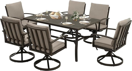 HAPPATIO 7 Piece Patio Swivel Dining Set, Aluminum Outdoor Dining Set for 6,Dining Table and Chairs Set, Patio Dining Furniture with Aluminum Table, Swivel Chairs and Washable Cushions (Black)