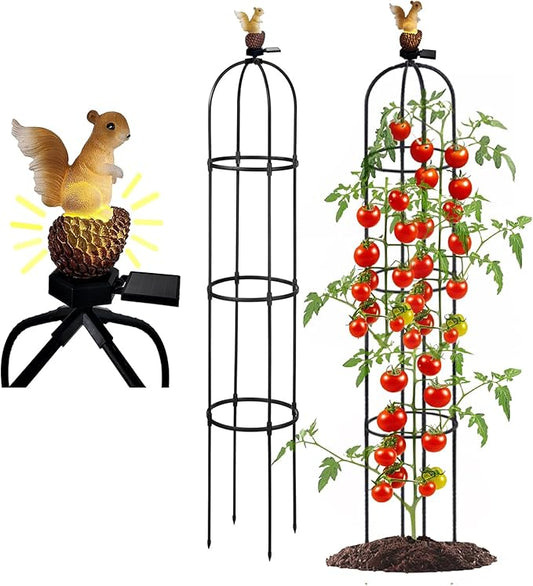 Metal Garden Obelisk Trellis for Climbing Plants Outdoor，Rose Round Trellis with Squirrel Head Auto Sensor Solar Light Rustproof Tomato Plant Support for Vines Cucumbers Tomato Cage,1 Pack
