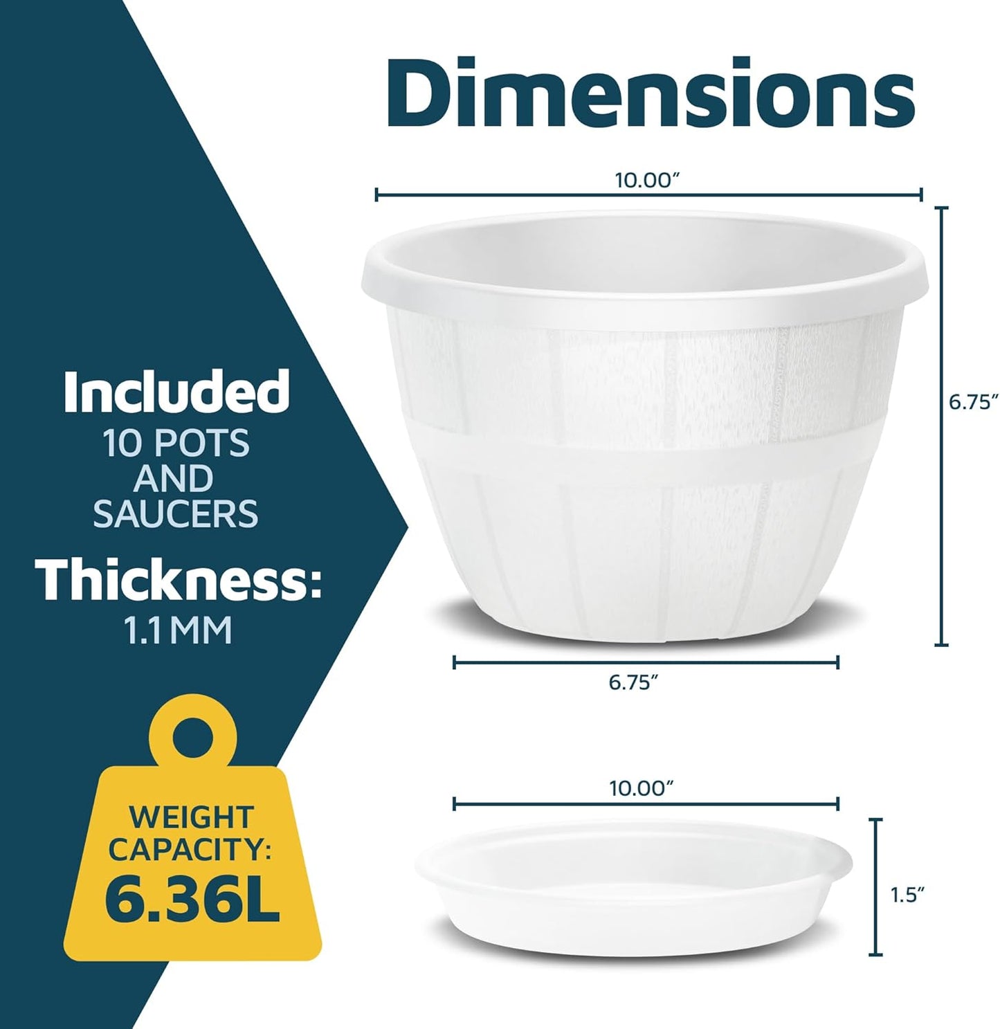 10-Inch Whiskey Barrel Planters Outdoor Pack of 10 - Durable Plastic Plant Pots for Indoor & Outdoor Use with Drainage & Saucer, Lightweight Rustic Barrel Planters for Flowers, Herbs & Small Plants