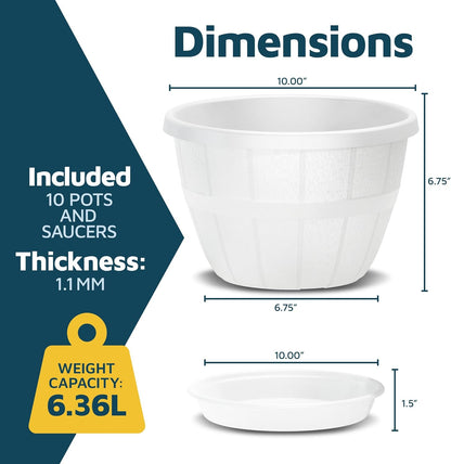 10-Inch Whiskey Barrel Planters Outdoor Pack of 10 - Durable Plastic Plant Pots for Indoor & Outdoor Use with Drainage & Saucer, Lightweight Rustic Barrel Planters for Flowers, Herbs & Small Plants