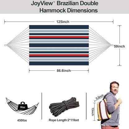 JoyView Brazilian Double Hammock with Hanging Ropes Extra Large 86.6x59” Portable Cotton Hammock for Patio Backyard Porch 450LBS Weight Capacity Perfect for Outdoor/Indoor - Black/Red Stripe