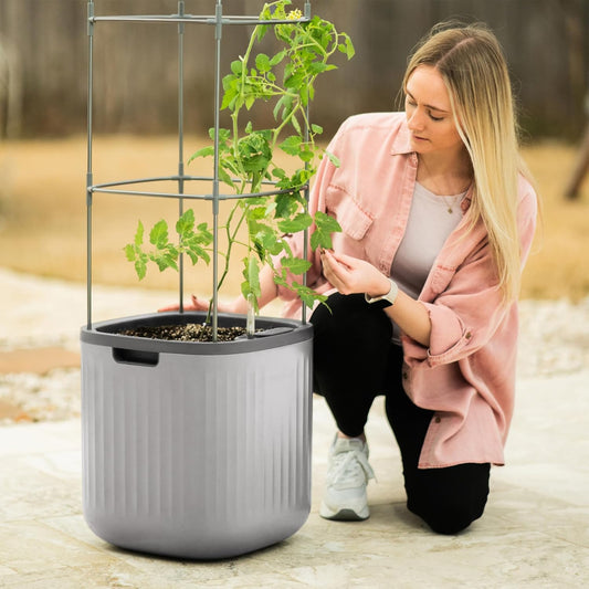 Vego garden Planters for Outdoor & Indoor Plants, Large Plant Pots with Self Watering, 15" Tall Large Plant Pots with Trellis for Flowers Plants Decor, Fog Gray
