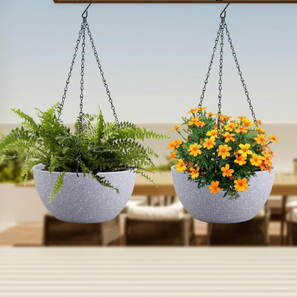 8 inch Small Hanging Planters for Indoor Outdoor Plants, 2 Pack Hanging Flower Pots with Drainage Holes and Chain for Garden Porch, Plastic Hanging Baskets for House Plants, Speckled Grey