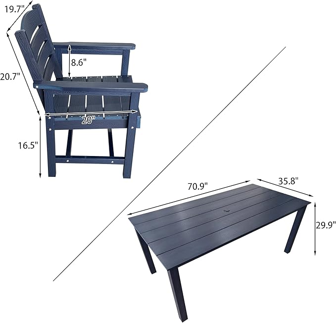 Poly Lumber Patio Dining Set, HIPS Outdoor 70.9-Inches Dining Table and Ladder Back Chairs, with Umbrella Hole, Weather Resistant (Navy Blue, 7 Piece)