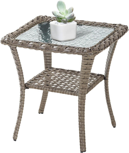 Handwoven Wicker Side Table - 20 Inch Small Outdoor Table 2 Tier Storage with Tempered Glass Top, All Weather Outdoor Patio End Tables for Deck Balcony Outside Gray